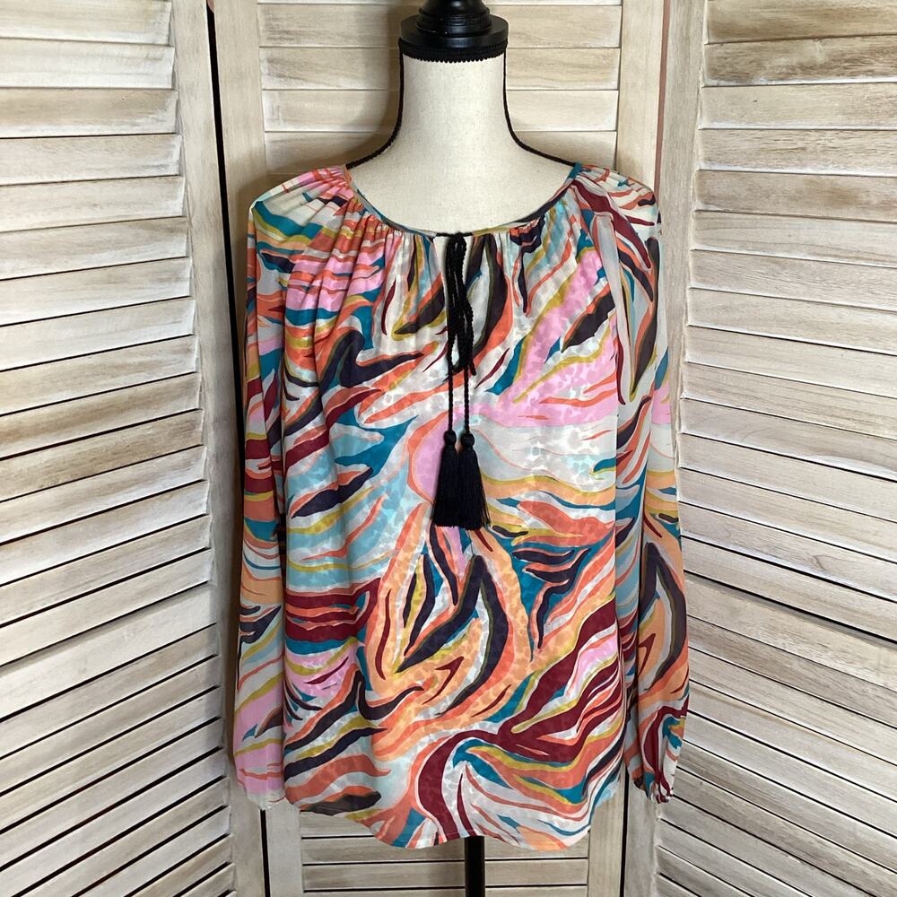 Marie Oliver Bright Tiger Print Berkeley Ballon Sleeve Peasant Blouse L